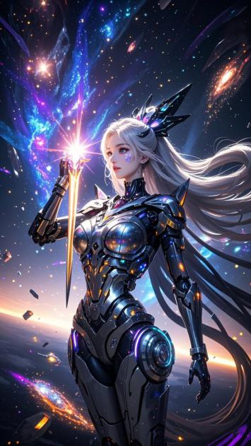 赛博朋克女战士持光剑立于星海之中