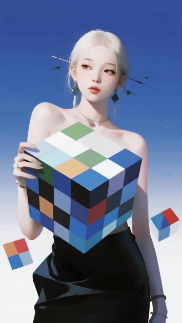 银发少女持魔方3D写实插画