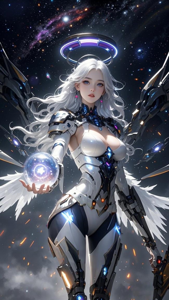 赛博天使持星云能量球，科幻宇宙背景