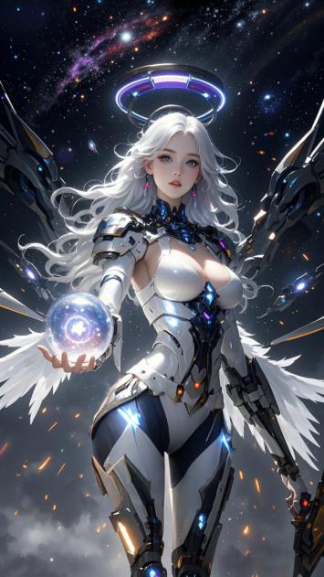 赛博天使持星云能量球，科幻宇宙背景