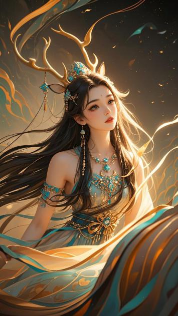 仙侠女神鹿角华服3D渲染图