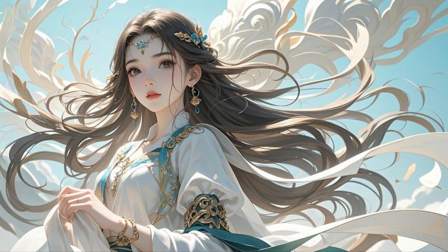 仙侠少女飘逸汉服插画，梦幻云景写实风