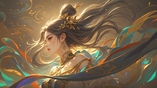 仙侠少女飘带飞舞，金饰华服映流光