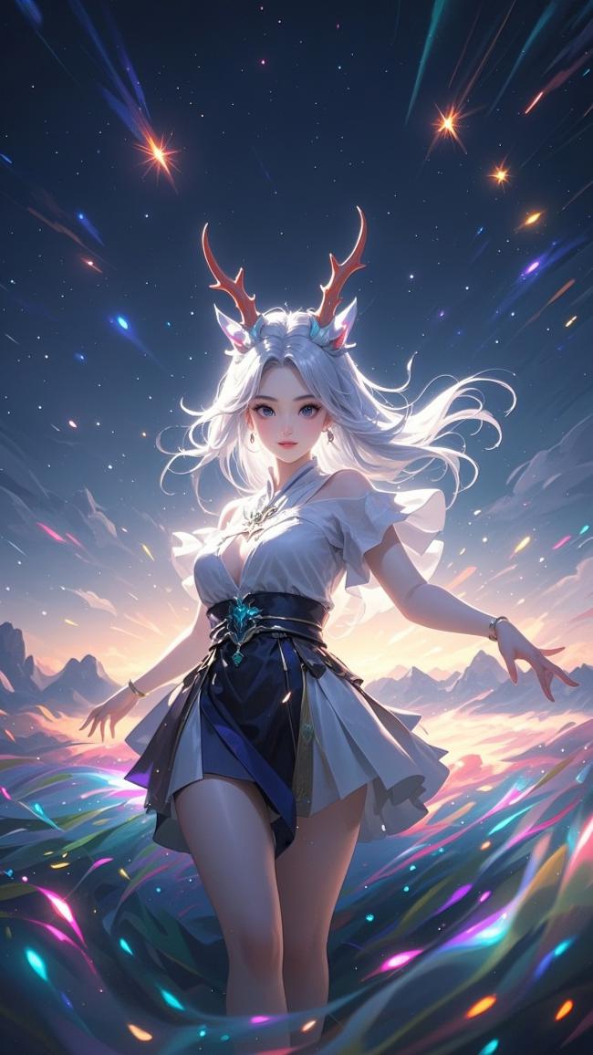 银发鹿角仙子立于星河光流之中