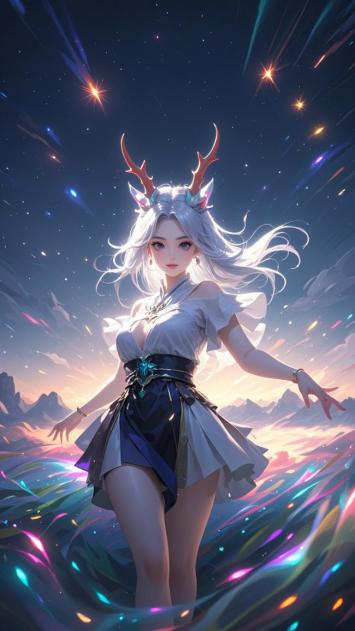 银发鹿角仙子立于星河光流之中