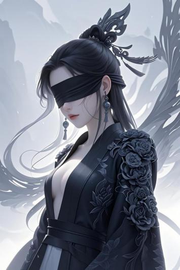 黑衣盲眼古风仕女 3D渲染插画