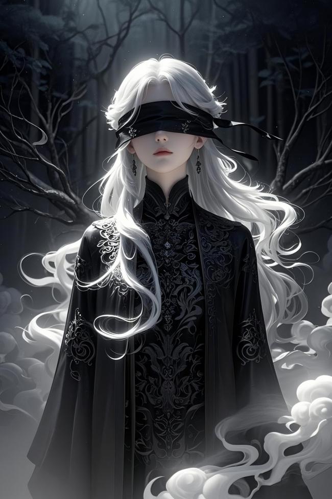 暗黑蒙眼少女立于幽林云雾间