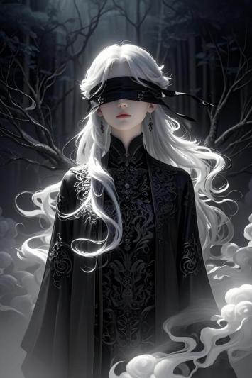 暗黑蒙眼少女立于幽林云雾间