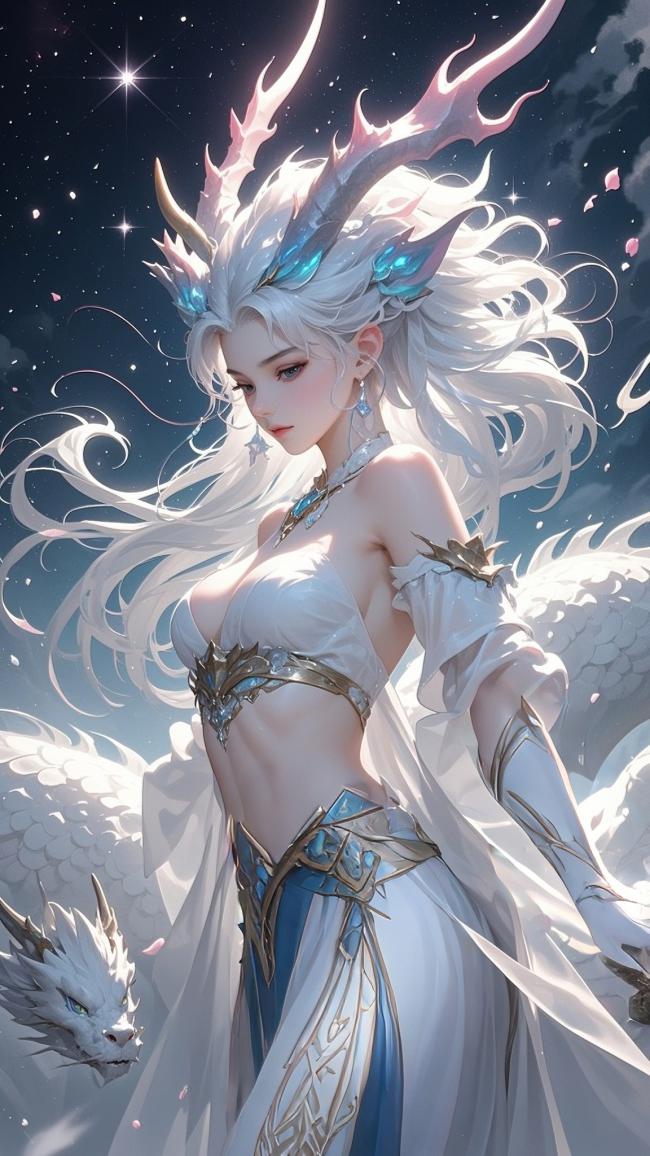 仙侠白龙女与星夜神龙共舞图