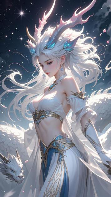 仙侠白龙女与星夜神龙共舞图