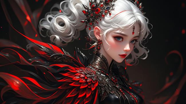 暗黑女神银发红羽插画