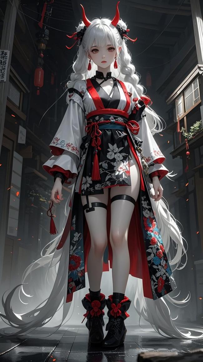 白发红角巫女少女立于日式街巷，3D渲染动漫风插画