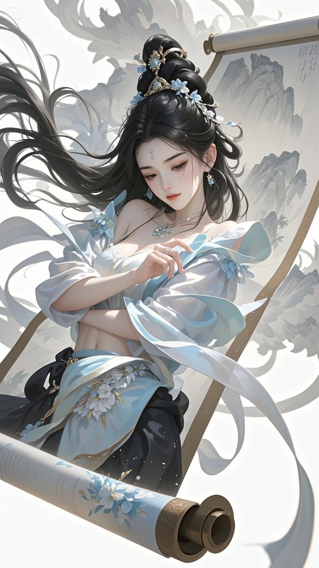 古风仕女倚卷轴，淡蓝汉服映云山