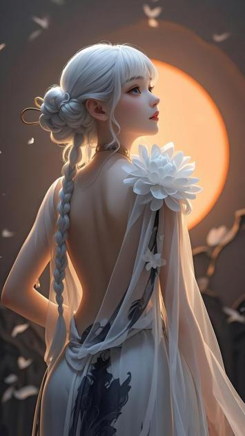 银发仕女月下倚莲，古风写真唯美如画