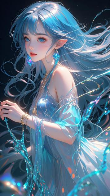 蓝发精灵少女水影幻境插画