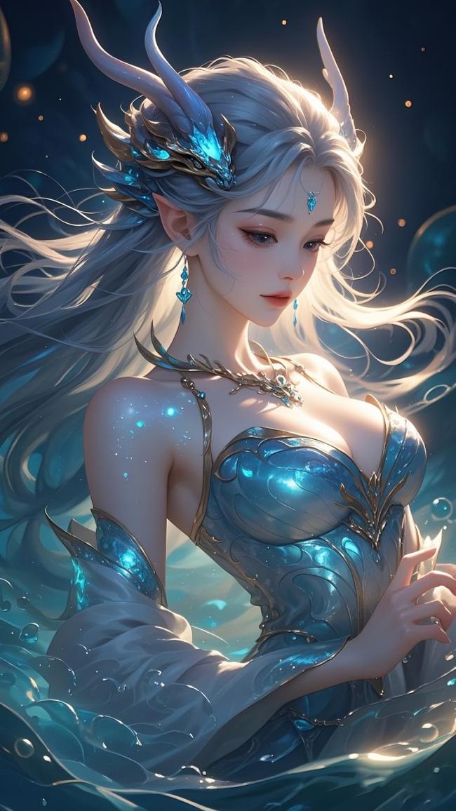 冰蓝龙女立水间，仙侠玄幻梦幻美