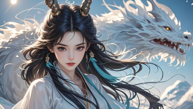 仙侠少女与白龙共舞雪山之巅