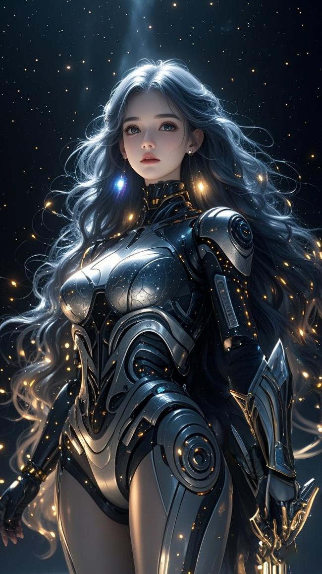赛博朋克银发女战士星空战甲图
