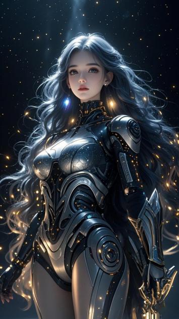 赛博朋克银发女战士星空战甲图