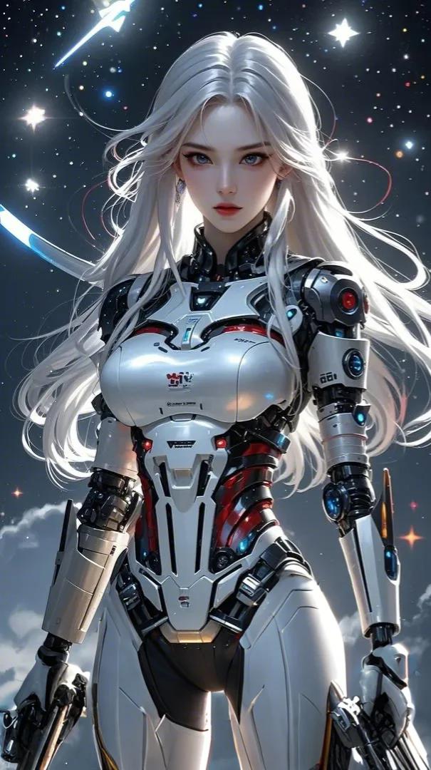 银发机甲女战士立于星海之间