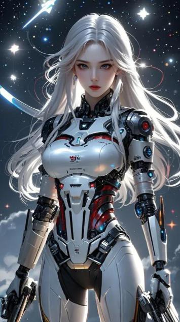 银发机甲女战士立于星海之间