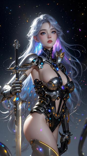 赛博朋克银发女战士持剑立于星海之间
