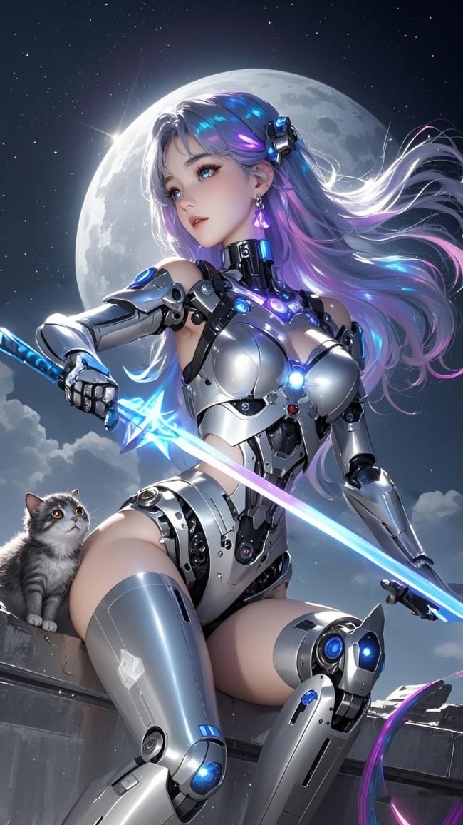 赛博朋克女战士持光剑月下伫立，猫咪相伴