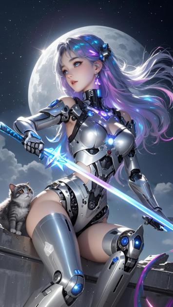 赛博朋克女战士持光剑月下伫立，猫咪相伴