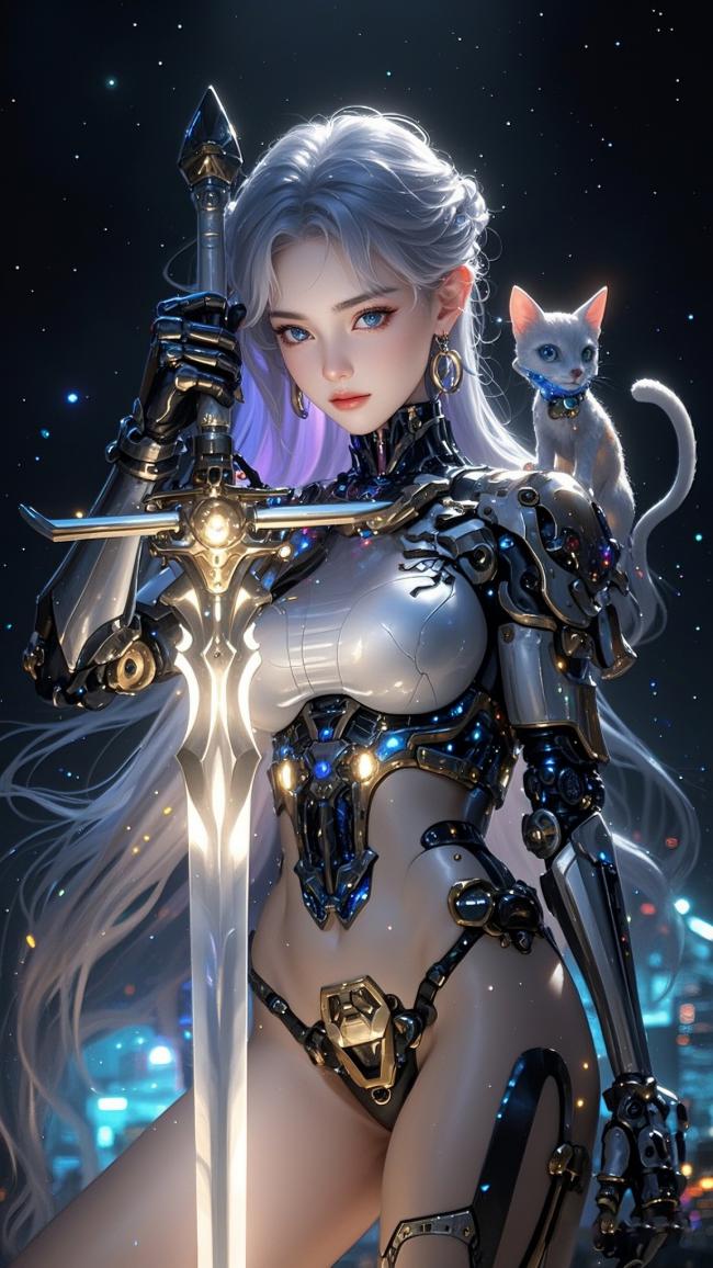 赛博朋克银发女战士持剑与机械猫同框