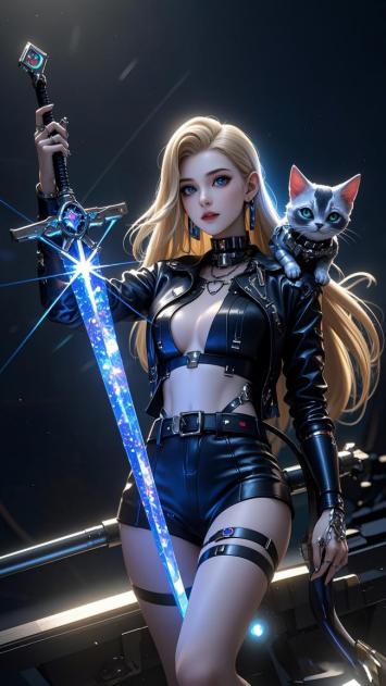 赛博朋克女战士持光剑与机械猫
