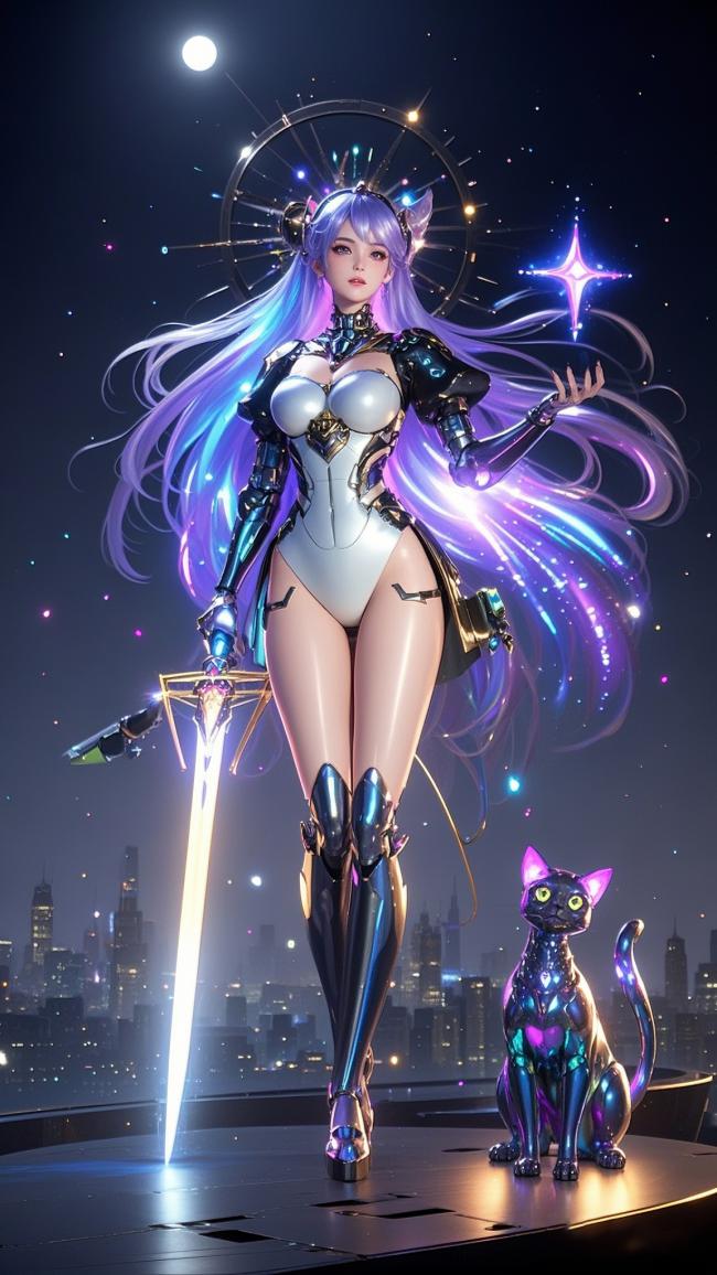 赛博朋克女战士持剑立于星空之巅