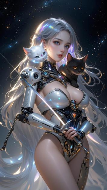 赛博朋克女战士怀抱双猫星海作战图