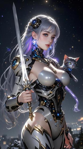 银发机甲女战士怀抱机械猫，星空都市夜景科幻大片