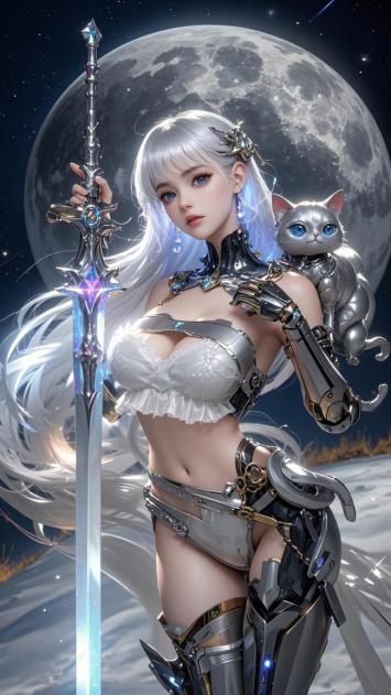 银发女战士持剑立月，机械猫相伴科幻夜景