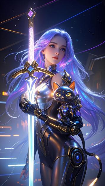 赛博朋克银发女战士持光剑抱机械猫
