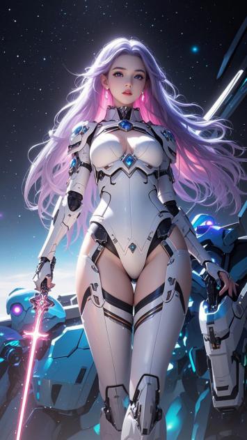 赛博朋克紫发机甲女战士插画