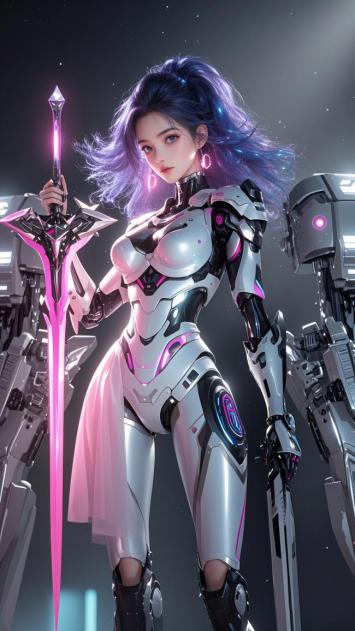 赛博朋克女战士持光剑立于机甲群中