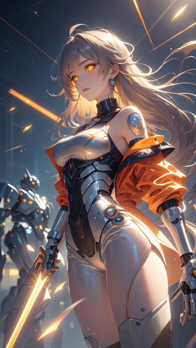 赛博朋克女战士持刃作战高清插画