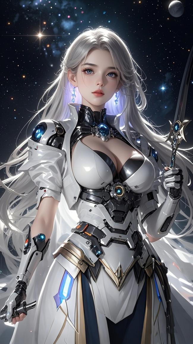 银发机甲女战士立于星海之间