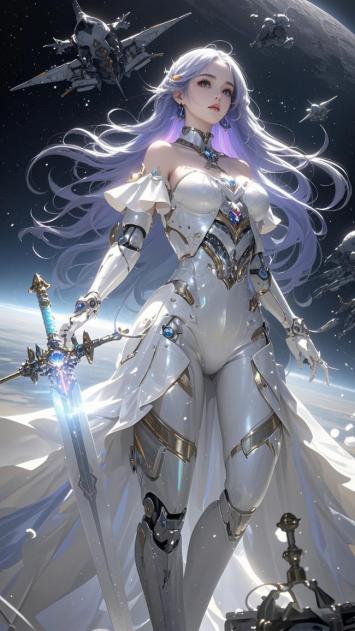 赛博朋克女战士持剑立于太空战场