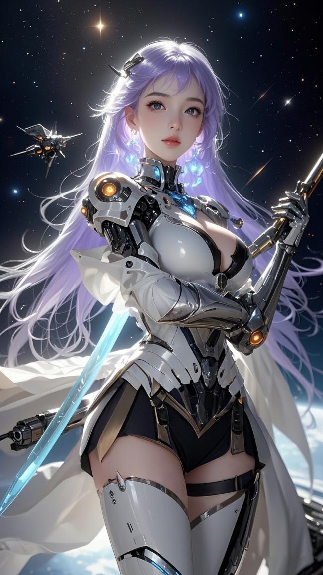 赛博朋克紫发机甲女战士太空战场景