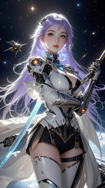 赛博朋克紫发机甲女战士太空战场景