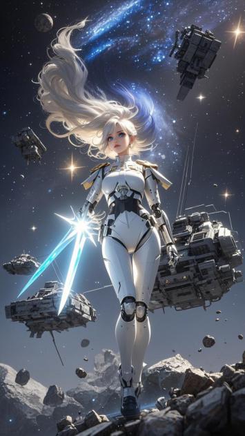 赛博朋克女战士持剑立于星海陨石带