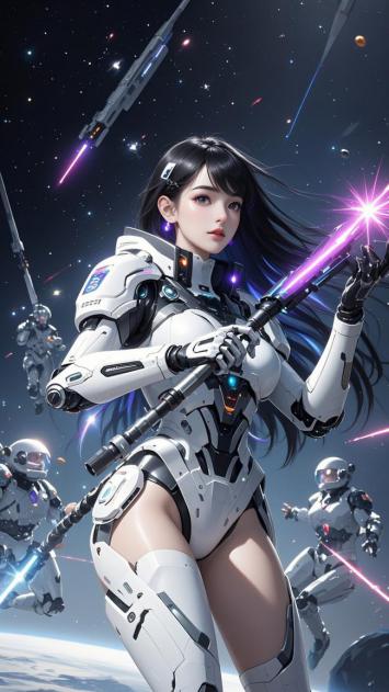 赛博朋克女战士持光剑太空激战图