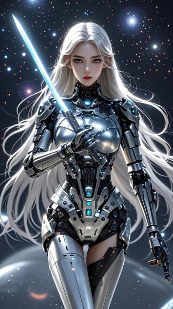 赛博朋克银发机甲女战士持光剑立于星海