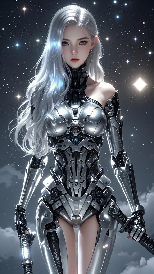 银发机甲女战士立于星海之间