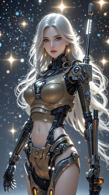 银发机甲女战士立于星海之中