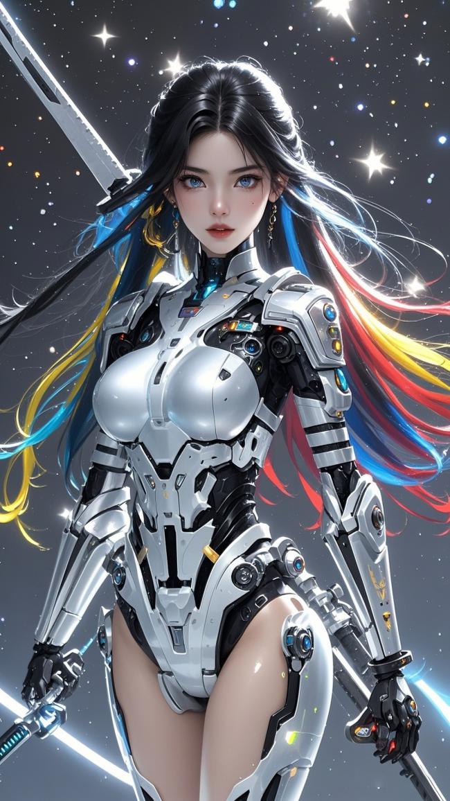 赛博朋克机甲女战士：星空下的霓虹剑影