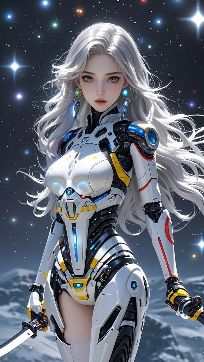 银发机甲女战士：星空雪域赛博朋克风