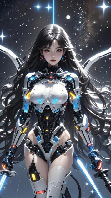 赛博朋克女战士持光剑立于星海之间